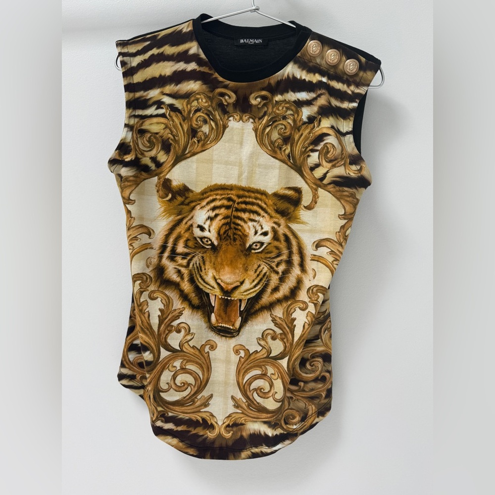 Balmain Brown & Gold Tiger Print Muscle Tee